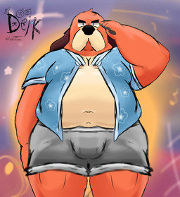 aloha_shirt anthro belly big_belly bottomwear bulge clothed clothing floral_print gesture male open_clothing open_shirt open_topwear overweight partially_clothed pattern_clothing pattern_shirt pattern_topwear salute shirt short_sleeves shorts simple_background solo thick_thighs topwear ugly-rat15508 brawl_stars supercell_(company) ruffs_(brawl_stars) canid canine canis domestic_dog mammal digital_media_(artwork) hi_res