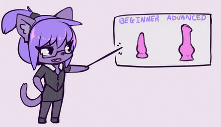 anthro business_suit chibi clothing cute_fangs dildo eyewear fangs female fur glasses grey_body grey_fur hair knot knotted_dildo open_mouth sex_education sex_toy solo standing suit teeth ultrabondagefairy ultra_(ultrabondagefairy) domestic_cat felid feline felis mammal 2020
