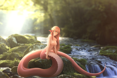 apode breasts countershading detailed_background female forest hairpiece legless long_tail looking_at_viewer monster_girl_(genre) nipples photo_background plant rock serpentine solo split_form tail tree water waterfall yellow_eyes anna_o_renko monster_musume miia_(monster_musume) draconcopode humanoid lamia reptile scalie snake absurd_res hi_res photography_(artwork)