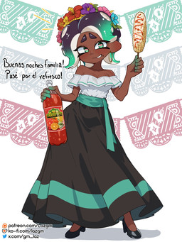 5_fingers beverage blush breasts cleavage clothed clothed_female clothed_humanoid clothing corn dark_body dark_skin female fingers flower food footwear green_eyes grin high_heels holding_beverage holding_food holding_object not_furry plant pseudo_hair shoes shoulderless_dress smile solo standing tentacle_hair tentacles text gm_laz jarritos nintendo splatoon marina_(splatoon) aquatic cephalopod humanoid mollusk octarian octoling 3:4 hi_res spanish_text translated url