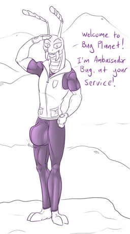 alien_planet anthro big_bulge bottomwear bulge clothing detailed_bulge gesture grin grinning_at_viewer hand_on_hip leggings legwear looking_at_viewer male pants paws salute shirt smile smiling_at_viewer solo text tight_bottomwear tight_bulges tight_clothing tight_pants topwear vest zipper zipper_jacket conditional_dnp samagthrav2 starship_(starkid) bug_(starkid) alien ant arthropod hymenopteran insect absurd_res english_text hi_res