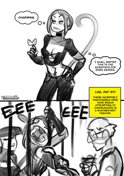 alternative_fashion anthro armwear bald bangs bob_cut clothing coat crop_top elbow_gloves eyewear fangs female fingerless_gloves glasses gloves goth group hand_on_hip handwear humor lab_coat male midriff navel navel_piercing piercing scientist screaming shirt simple_background tail teeth text thong thong_straps thought_bubble topwear trio underwear white_background jerkdouglas beth_(redustheriotact) magdalene_(redustheriotact) ambient_arthropod ambient_butterfly ambient_insect haplorhine human mammal monkey primate 2026 comic english_text hi_res signature