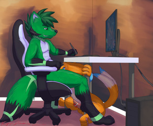 anthro computer creating_art desk duo electronics erection forked_tail furniture genitals looking_at_another looking_up male male/male open_mouth oral penis sex_toy sitting spread_legs spreading table tail translucent under_table unusual_anatomy unusual_tail vibrator k9player_(artist) nintendo pokemon echo_(princess_echo) kaynyne_delobo_(character) buizel canid canine canis generation_4_pokemon mammal pokemon_(species) wolf absurd_res e621_post_recursion hi_res