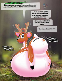 antlers belly big_belly big_eyes black_nose blurred_background brown_body horn huge_belly hyper hyper_belly inflatable looking_at_viewer looking_back looking_back_at_viewer motion_lines onomatopoeia open_mouth photo_background pink_inner_ear resting_on_belly rumbling_stomach shaking short_tail sound_effects speech_bubble squeaking tail talking_to_another text vore white_body fancy_blue deer_mike mike_(deer_mike) animate_inanimate deer hybrid living_inflatable mammal 2026 english_text hi_res mixed_media photography_(artwork)