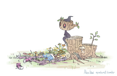 ambiguous_gender black_body child_murder clothed clothing corpse death decay decaying feral fungus mushroom outside red_eyes sad sitting solo tree_stump young alex_law nintendo pokemon generation_6_pokemon ghost human mammal phantump pokemon_(species) spirit signature
