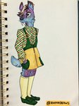 ambiguous_gender anthro bangs blue_body blue_fur clothed clothing ear_piercing freckles fur hair looking_away piercing purple_body purple_fur simple_background solo tusks keenadraws eli_(keenadraws) mammal moschid siberian_musk-deer full-length_portrait marker_(artwork) portrait traditional_media_(artwork)