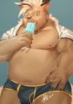 4_eyes anthro belly brown_body brown_fur bulge clothing food fur humanoid_hands kemono male moobs multi_eye nipples overweight overweight_anthro overweight_male popsicle sea_salt_ice_cream solo underwear jmeo1230 mammal 2021 hi_res