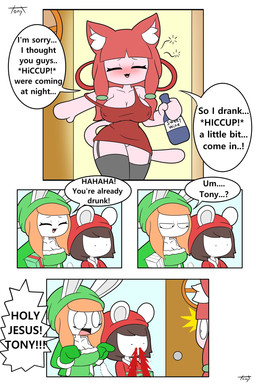 anthro blood blush blush_lines bodily_fluids bow_ribbon breasts brown_hair christmas_clothing christmas_headwear cleavage clothed clothing dialogue door dress drunk eyelashes female garter_straps gift green_clothing group hair hat headgear headwear holidays inner_ear_fluff male nipple_outline nosebleed orange_hair panties red_clothing red_dress red_hair santa_hat speech_bubble substance_intoxication tail text trio tuft underwear white_inner_ear_fluff wine_bottle tonytoran christmas erica_(tonytoran) tina_(tonytoran) tony_(tonytoran) chinchilla chinchillid domestic_cat felid feline felis lagomorph leporid mammal rabbit rodent 2:3 comic english_text hi_res