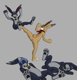 anthro armor attack ballbusting battle butt clothing cock_and_ball_torture combat_helmet crotch_attack crotch_kick dipstick_ears ear_markings featureless_crotch fight fluffy fluffy_tail genital_torture group hair headgear helmet jewelry kerchief kick markings multicolored_ears necklace paws simple_background tail violence analpaladin monster_rancher tecmo evil_hare_(monster_rancher) hare hare_(monster_rancher) lagomorph leporid mammal monster hi_res