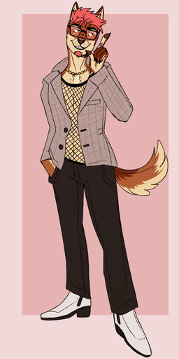 anthro black_claws border bottomwear brown_body brown_bottomwear brown_clothing brown_fur brown_pants brown_pawpads claws clothed clothing eyewear facial_hair finger_claws fishnet_clothing fishnet_topwear footwear fur glasses goatee grey_clothing grey_jacket grey_topwear grin jacket looking_aside male pants pawpads pink_background ring_(jewelry) shoes simple_background smile solo standing tan_body tan_fur teeth tinted_glasses topwear unsigned white_border white_clothing white_footwear white_shoes swampjaws canid mammal absurd_res full-length_portrait hi_res portrait