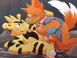 anthro balls blush bodily_fluids bottomless buizel clothed clothing collared_shirt digital_media_(artwork) duo electabuzz erection eye_contact foreskin frottage fur generation_1_pokemon generation_4_pokemon genital_fluids genitals gralicbutter hand_behind_back handjob hi_res humanoid_genitalia humanoid_penis looking_at_another male male/male mammal mustelid nintendo nude open_mouth outside partially_clothed penile penis pokemon pokemon_(species) precum rock sex smile vile_(argon_vile) water