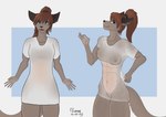 anthro blue_eyes clothed clothing clothing_pull ear_piercing ear_ring female fur gesture hair hand_gesture happy multicolored_body ok_sign partially_clothed piercing ponytail red_hair ring_piercing smile solo tan_body tan_fur teasing tight_clothing two_tone_body gamal nielo_(gamal) cougar felid feline hybrid mammal hi_res