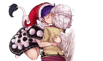 1_wing black_clothing black_dress black_tail_tuft blue_hair bodily_fluids brown_clothing brown_jacket brown_topwear clothed clothed_female clothed_humanoid clothing dress duo eyes_closed female female/female floating flying_sweatdrops hair hat headgear headwear heart_symbol hug jacket kissing multicolored_clothing multicolored_dress nightcap red_clothing red_hat red_headwear simple_background sweat sweatdrop tail tail_tuft topwear tuft two_tone_clothing two_tone_dress white_background white_clothing white_dress white_hair white_tail white_wings wings sleep_(isliping) touhou doremy_sweet sagume_kishin humanoid tailed_humanoid winged_humanoid 2019 hi_res signature