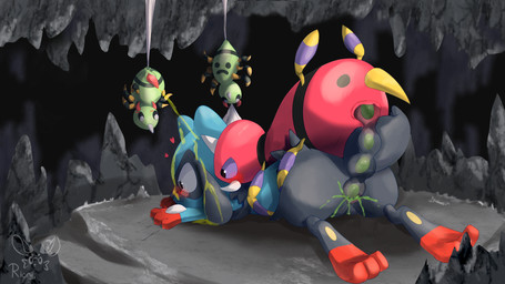 ambiguous_gender anal anal_penetration anthro anus blue_body blue_fur bodily_fluids bound cum egg egg_in_ass egg_insertion female feral fur fusion genital_fluids genitals grey_body grey_fur group looking_at_another male male/female male/male on_top_of_another oviposition ovipositor_in_mouth penetration penile penis pokemon_fusion semi-anthro sex trio urine watersports rioni nintendo pokemon fan_character zorio ariados arthropod generation_2_pokemon generation_4_pokemon pokemon_(species) riolu spinarak absurd_res hi_res