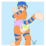 alphagatorz_(diaper) anthro belly big_belly biped blue_body blue_diaper blue_ears blue_eyebrows blue_eyes blue_fur blue_hair blue_stripes blue_tail brown_nose cheek_tuft clothed clothing diaper dipstick_ears ear_markings eyebrows facial_stripes facial_tuft fangs fur glistening glistening_eyes gloves_(marking) green_diaper hair looking_back male markings multicolored_diaper multicolored_ears neck_tuft orange_body orange_ears orange_fur orange_stripes orange_tail purple_diaper rear_view red_diaper short_hair solo standing striped_arms striped_body striped_fur striped_legs stripes tail tan_belly tan_body tan_fur tan_inner_ear tan_tail teeth tuft wearing_diaper yellow_diaper heyitsjaq abuniverse alphagatorz felid mammal pantherine tiger 1:1 digital_media_(artwork) flat_colors hi_res watermark