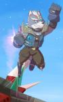 aircraft anthro blue_background boots clothed clothing flying footwear fully_clothed jet_pack male shoes simple_background solo vehicle thegreatmatsutzu nintendo star_fox wolf_o'donnell canid canine canis mammal wolf