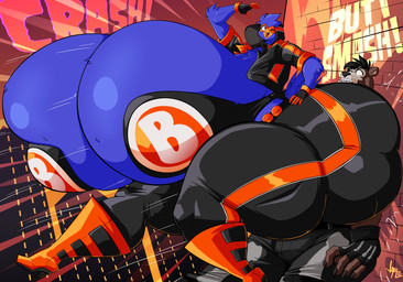 anthro big_breasts big_butt blue_body boots bottomwear bra breasts brown_body butt butt_crush butt_slam clothing duo exclamation_point female fingerless_gloves footwear gloves handwear huge_breasts huge_butt huge_hips huge_thighs hyper hyper_breasts hyper_butt hyper_hips hyper_thighs jacket male non-mammal_breasts one_eye_closed open_mouth orange_eyes pants pinned pinned_to_wall shoes text thick_thighs topwear underwear wide_hips jaeh busty_bird avian bear bird corvid corvus_(genus) crow mammal oscine passerine 2025 absurd_res english_text hi_res