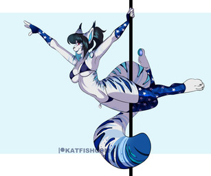 anthro barefoot biped blue_pawpads bra breasts clothing dancing feet female navel panties patreon_logo pattern_clothing pawpads pole pole_dancing red_eyes solo strap_gap underwear katfishcom patreon felid feline mammal 2021 digital_media_(artwork) shaded