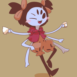 5_eyes 6_arms clothed clothing container cup eyes_closed multi_arm multi_eye multi_limb one_eye_closed open_mouth simple_background solo text wink crepix undertale undertale_(series) muffet animal_humanoid arachnid arachnid_humanoid arthropod arthropod_humanoid humanoid spider_humanoid 1:1 2015 english_text