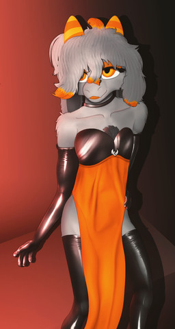 anthro armwear chest_tuft choker clothed clothing crossdressing drag_queen dress elbow_gloves fur gloves grey_body grey_fur hair handwear horn jewelry latex latex_armwear latex_clothing latex_elbow_gloves latex_gloves latex_handwear latex_legwear latex_thigh_highs latex_topwear legwear makeup male mascara necklace orange_clothing orange_dress orange_eyes orange_eyeshadow orange_horn orange_lipstick solo thigh_highs topwear tuft conditional_dnp gusta gusta_(gusta) bovid caprine goat mammal hi_res