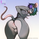 anthro ari_(caudamus) backsack balls big_butt butt doxy fur genitals girly grey_body grey_fur hair hi_res male mammal mouse multicolored_hair murid murine rodent solo tongue tongue_out wide_hips