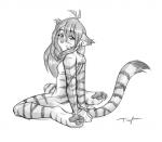 anthro apathetic biped blush breasts casual_nudity feet female fur hair hindpaw long_hair looking_at_viewer looking_back moody nude pawpads paws rear_view side_boob simple_background sitting solo stripes tail white_background conditional_dnp tom_fischbach twokinds flora_(twokinds) felid keidran mammal pantherine tiger black_and_white monochrome sketch