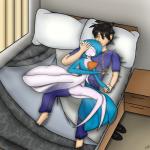 barefoot bed black_hair blue_hair bottomwear butt clothed clothing denim denim_bottomwear denim_clothing duo eyes_closed feet female footwear furniture green_eyes hair hand_holding jeans jewelry male male/female navel necklace pants pillow romantic romantic_couple shirt shoes smile text topwear window gamemaniac nintendo pokemon gardevoir generation_3_pokemon human mammal pokemon_(species) shiny_pokemon 1:1 2016 absurd_res english_text hi_res signature