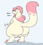 anthro belly big_belly big_butt big_ears big_tail bubble butt candy chewing dessert eating female floppy_ears food fur looking_back markings munch_(sound_effect) obese overweight raised_tail rumbling_stomach shadow smile solo sound_effects spots spotted_body spotted_fur tail thick_thighs conditional_dnp verdantphysician maple_(shitpostingstag) canid canine canis domestic_dog food_creature living_candy mammal