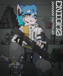 anthro backpack bottomwear clothed clothing electronics explosives fingerless_gloves gloves grenade gun handwear headphones jacket male pants ranged_weapon shotgun sitting solo spas-12 topwear weapon bwydxm canid canine mammal 2021 hi_res