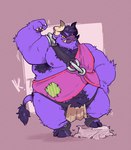 anthro armor armpit_hair barbarian belly biped body_hair flexing fur hooves horn male musclegut muscular muscular_arms nipples overweight overweight_anthro overweight_male pecs pubes purple_body purple_fur solo unconvincing_armor yellow_eyes zaviz killigan's_treasure killigan bovid bovine cattle mammal hi_res