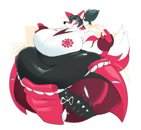 accessory alternate_species anthro armor asian_clothing belly big_belly big_breasts big_butt black_hair black_nose bottom_heavy bow_ribbon breasts butt clothed clothing east_asian_clothing fat_arms female fingerless_gloves fully_clothed fur furrification furry_tail gloves hair hair_accessory hair_bow hair_ribbon handwear huge_belly huge_breasts huge_butt huge_hips japanese_clothing kunai morbidly_obese morbidly_obese_anthro morbidly_obese_female obese obese_anthro obese_female overweight overweight_anthro overweight_female red_body red_fur ribbons snout solo surprised tail throwing_knife weapon weight_gain white_body white_fur wide_hips boot_(artist) blizzard_entertainment overwatch kiriko_(overwatch) canid canine fox mammal 2023 colored digital_drawing_(artwork) digital_media_(artwork) shaded