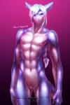 2016 2:3 abs andromorph anthro blue_eyes clothing ear_piercing equus fish genitals gradient_background hair hi_res innie_pussy intersex long_hair looking_at_viewer marine muscular muscular_andromorph muscular_anthro muscular_intersex navel nipple_piercing nipples nude piercing purple_background pussy shark signature simple_background smile solo standing suridora-chan undressing white_hair