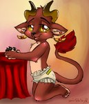 ambiguous_gender anthro arm_tuft black_eyebrows black_pawpads brown_body brown_fur brown_tail chest_tuft clothed clothing diaper elbow_tuft eyebrows fangs fur glistening glistening_eyes kneeling looking_at_viewer narrowed_eyes open_mouth pawpads red_eyes red_tail_tuft solo tail tail_tuft tan_body tan_fur teeth tuft wearing_diaper yellow_sclera young young_ambiguous young_anthro yaoifairy signature