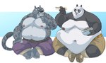 2021 absurd_res anthro bear belly big_belly black_body black_nose bottomwear captainjusticevirtsuoso clothing dreamworks duo felid food giant_panda hi_res kung_fu_panda male male/male mammal master_po_ping moobs navel nipples obese obese_male overweight overweight_male pantherine pants sitting snow_leopard tai_lung_(kung_fu_panda) white_body
