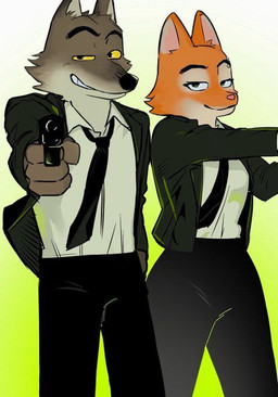 accessory anthro black_blazer black_bottomwear black_clothing black_necktie black_pants black_slacks black_suit bottomwear boyfriend/girlfriend canon_couple clothing duo eyebrow_piercing facial_piercing female fur gradient_background green_eyes grey_body grey_fur gun hand_in_pocket holding_object holding_weapon male male/female necktie orange_body orange_fur pants piercing pockets pointing_gun_at_viewer ranged_weapon secret_agents simple_background smile suit weapon white_dress_shirt yellow_eyes yellow_sclera unknown_artist dreamworks the_bad_guys diane_foxington mr._wolf_(the_bad_guys) canid canine canis fox mammal red_fox true_fox wolf