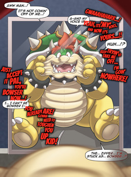 anthro clothing cosplay costume costume_transformation dialogue duo first_person_view implied_permanent looking_at_self male male/male mental_changes merging mirror reflection shocked sitting stretching struggling stuck suit suit_transformation takeover text transformation tugging verbal_reaction_to_tf zipper nearu-senpai mario_bros nintendo bowser dragon_koopa koopa scalie english_text hi_res