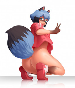anthro big_butt black_hair blue_eyes blue_hair bottomless butt clothed clothing female fluffy fluffy_tail footwear hair huge_butt jacket jacket_only no_underwear purple_hair rear_view shoes simple_background solo spread_legs spreading tail topwear topwear_only aueshi brand_new_animal studio_trigger michiru_kagemori canid canine mammal procyonid raccoon raccoon_dog tanuki hi_res