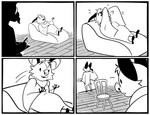 anthro big_ears black_ears border chair comic_panel duo facial_hair furniture gun humor imminent_suicide joke male mustache notebook ranged_weapon shocked sofa suicide therapist therapy tired_of_this_shit vent weapon white_border kristalkarma danglebat dan_(danglebat) bat mammal absurd_res comic greyscale hi_res monochrome