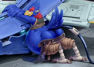 aircraft anthro beak belly belly_expansion belt big_belly big_butt blue_body blue_tail bottomwear bottomwear_down brown_belt brown_bottomwear brown_clothing brown_pants brown_topwear brown_vest butt clothed clothing enema expansion green_eyes hose hose_in_butt hose_inflation huge_belly hyper hyper_belly inflation kerchief liquid_inflation looking_back male motion_lines neckerchief neckwear open_mouth open_smile pants pants_down partially_clothed pink_tongue rear_view red_kerchief red_neckerchief smile solo swelling tail tongue topwear vehicle vest water_inflation yellow_beak bodbloat nintendo star_fox star_fox_(2026) falco_lombardi avian bird falcon falconid 2026 colored digital_media_(artwork) hi_res shaded