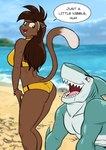 anthro beach brown_hair clothing dialogue duo female hair male seaside wendel_fragoso deborah_bispo domestic_cat felid feline felis fish mammal marine shark