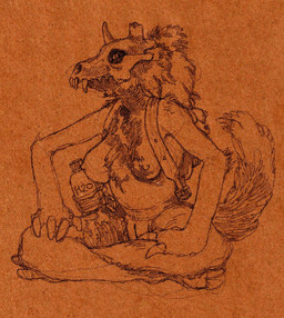 anthro anthrofied bag bone bone_mask bottle breasts burn_scar claws container crossed_legs crosslegged_pose female fluffy fluffy_tail fur genitals hands_on_lap mane mask nipples scar sitting skull skull_mask solo tail toe_claws vulva water_bottle akhilleus_ilias_(artist) the_interloper_(helimopp) titan_(the_owl_house) hi_res