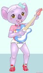 accessory adolescent anthro biped black_nose blush bow_ribbon clothed clothing collar_tag diaper eyebrows female front_view grey_body grey_hair guitar hair hair_accessory hair_bow hair_ribbon holding_guitar holding_musical_instrument holding_object looking_at_viewer musical_instrument object_in_mouth pacifier pacifier_in_mouth playing_music plucked_string_instrument red_clothing red_shirt red_sneakers red_topwear ribbons shirt short_hair simple_background solo string_instrument text topwear wearing_diaper young young_anthro young_female maverick t.o.t.s. tiny_ones_transport_service k.c._(t.o.t.s.) koala mammal marsupial vombatiform 2025 3:5 hi_res url