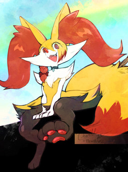3_fingers 3_toes anthro arm_tuft biped black_body black_fur braided_hair braided_ponytail breasts cheek_tuft chest_tuft choker choker_only claws cute_fangs digitigrade dipstick_tail eye_through_hair eyelashes eyelashes_through_hair facial_tuft fangs feet female female_anthro finger_claws fingers fluffy fluffy_tail front_view fur hair hip_tuft inner_ear_fluff jewelry looking_at_viewer looking_down looking_down_at_viewer low-angle_view markings mostly_nude_ambiguous mostly_nude_anthro multicolored_body multicolored_fur multicolored_tail necklace necklace_only nude object_in_tail open_:3 open_mouth open_smile pawpads pointy_ears ponytail prick_ears red_body red_eyes red_fur red_inner_ear_fluff red_nose red_pawpads red_tail_tip shoulder_tuft simple_background sitting small_breasts smile snout solo stick stick_in_tail tail tail_markings tapering_snout teeth toes tongue translucent translucent_hair tuft two_tone_tail white_body white_claws white_fur yellow_body yellow_fur yellow_tail thwillartz nintendo pokemon pardonne braixen canid generation_6_pokemon mammal pokemon_(species) 2024 colored dated digital_drawing_(artwork) digital_media_(artwork) english_description full-length_portrait hi_res portrait shaded signature watermark
