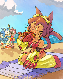 anthro beach beach_towel bikini breasts brown_body brown_hair chilli_dog clothing eating emanata eyebrows eyes_closed eyewear eyewear_on_head female food footwear goggles goggles_on_head group hair hot_dog male outside red_bikini red_clothing red_swimwear shoes sitting swimwear towel trio two-piece_swimsuit wariza whiskers dorefatum gameoverse glitch_productions sega sonic_the_hedgehog_(series) amy_rose kit_bodega sonic_the_hedgehog domestic_cat eulipotyphlan felid feline felis hedgehog mammal 2026 4:5 crossover hi_res