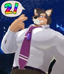 anthro belt blush claws gesture grin hand_gesture jewelry male muscular muscular_anthro muscular_male necklace necktie one_eye_closed smile solo speech_bubble v_sign wink shi_ba_ki_chi lifewonders live_a_hero pubraseer canid canine canis domestic_dog mammal hi_res