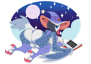 all_fours anthro book breasts butt choker clothing feathered_wings feathers feet female full_moon hair hat headgear headwear jewelry legwear looking_at_viewer looking_back looking_back_at_viewer moon necklace short_hair solo star stockings tail talons toes wings witch_hat scarfyace avian bird owl 2024 absurd_res digital_media_(artwork) hi_res