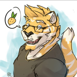 abstract_background anthro blonde_hair blue_eyes cheek_tuft clothed clothing dipstick_tail eyewear facial_tuft fangs food fruit fur glasses glistening glistening_eyes grey_body grey_fur hair lemon looking_at_viewer male male_anthro markings neck_tuft open_mouth open_smile pink_tongue plant short_hair smile solo speech_bubble striped_markings striped_tail stripes tail tail_markings teeth tongue tuft solaxe_(artist) solaxe felid mammal pantherine tiger bust_portrait portrait