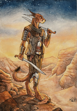 4_toes 5_fingers ankle_wraps anthro armor barefoot belt bottomwear brown_eyes canyon clothed clothing desert detailed_background digitigrade dipstick_tail ear_piercing ear_tuft facial_scar feet fingers fully_clothed grass holding_melee_weapon holding_object holding_sword holding_weapon markings melee_weapon multicolored_tail notched_ear piercing plant poleyn rerebrace rock sand sash scar scarf shirt shorts sky solo standing star starry_sky sunset sword tail tail_markings tank_top toes topwear torn_clothing tuft vambrace vest weapon wraps wrist_wraps 0laffson caracal caracal_(genus) felid feline mammal 2015 full-length_portrait hi_res painting_(artwork) portrait signature traditional_media_(artwork) traditional_painting_(artwork) traditional_watercolor_(artwork) watercolor_(artwork)
