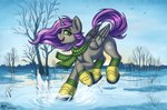 boots clothing detailed_background female feral footwear happy horn jumping looking_at_viewer open_mouth plant puddle scarf shoes smile snow socks solo splash spring tree water wings amishy elronya eltaile hasbro my_little_pony mythology astral_wind fan_character equid equine horse mammal mythological_creature mythological_equine pony winged_unicorn artist_collaboration hi_res