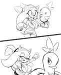 anthro big_breasts breasts camel_toe cleavage clothed clothing cosplay crossgender duo female missphase nintendo pokemon sega sonic_the_hedgehog_(series) sonic_the_hedgehog combusken generation_3_pokemon pokemon_(species) torchic hi_res monochrome